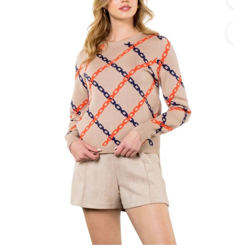 THML  Anthropologie Equestrian Chain Link Tan Preppy Heritage S Sweater NWOT‎